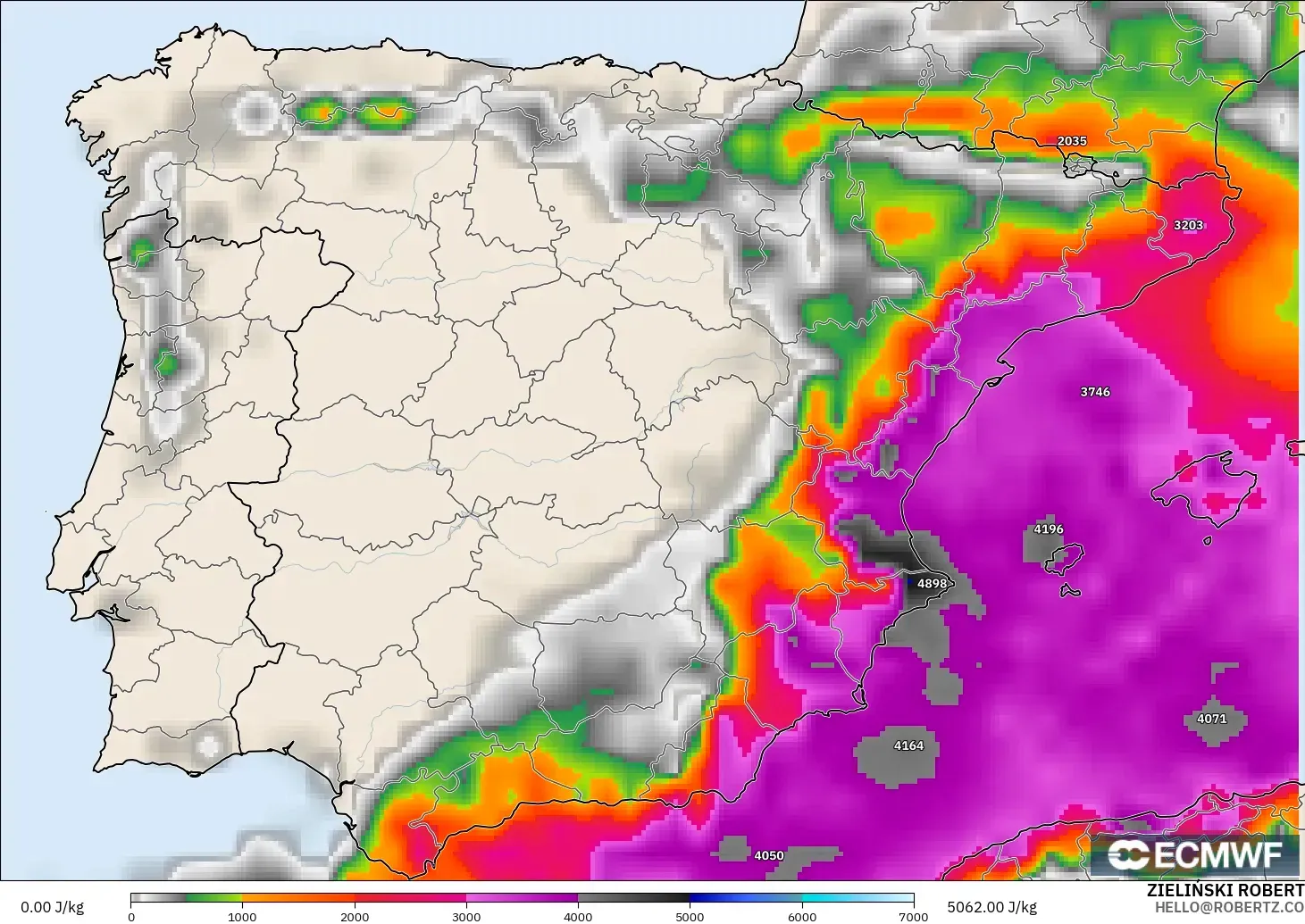 ECMWF IFS 0.25° modelo - España, CAPE
