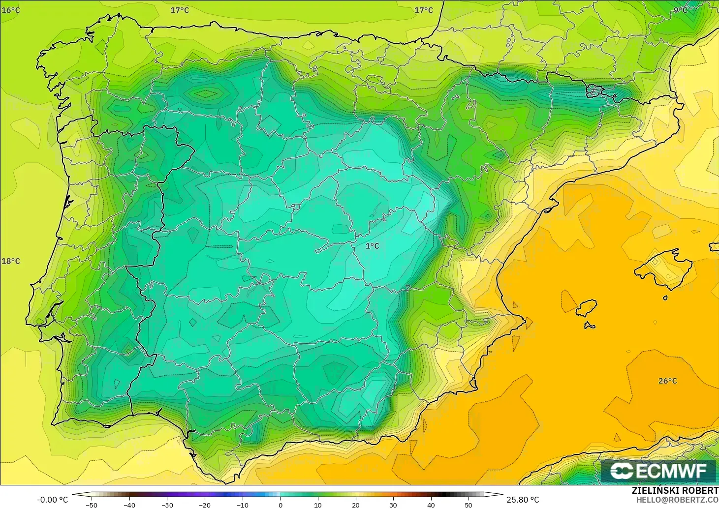 ECMWF IFS 0.25° modelo - España, Punto de rocío a 2 m