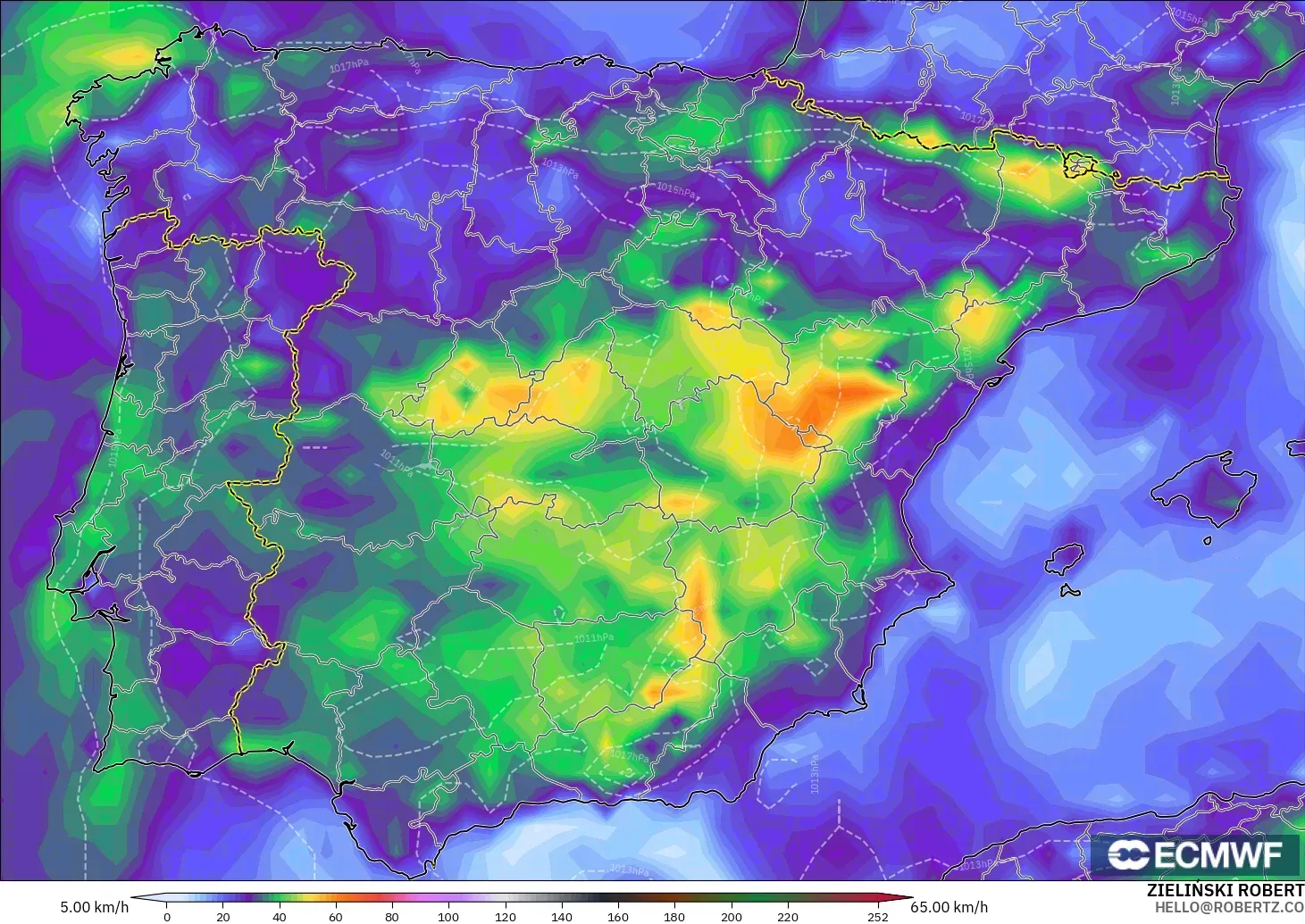 ECMWF IFS 0.25° modelo - España, Ráfagas de Viento Máximas