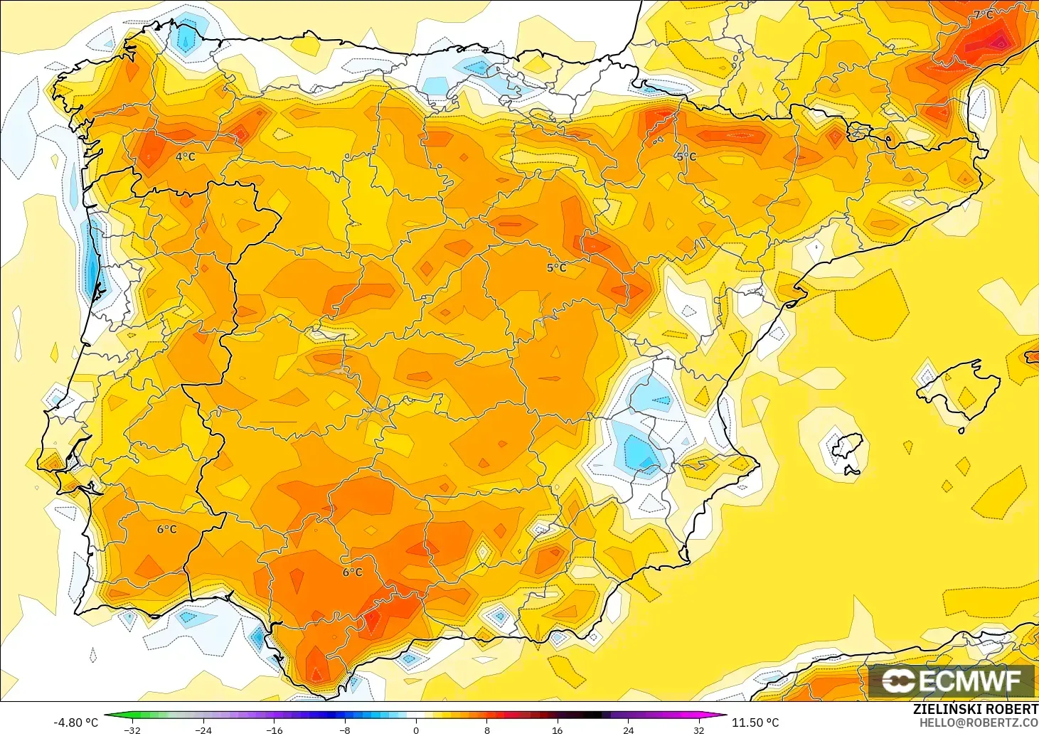 ECMWF IFS 0.25° modelo - España, Anomalía de temperatura a 2 m