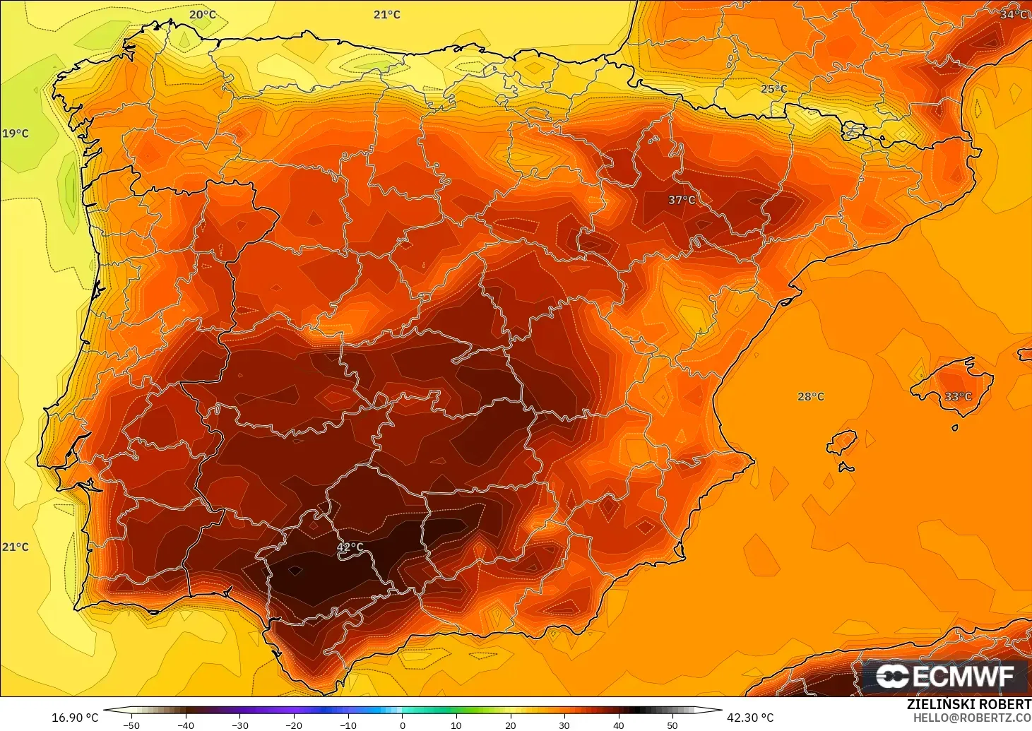 ECMWF IFS 0.25° modelo - España, Temperatura a 2 m