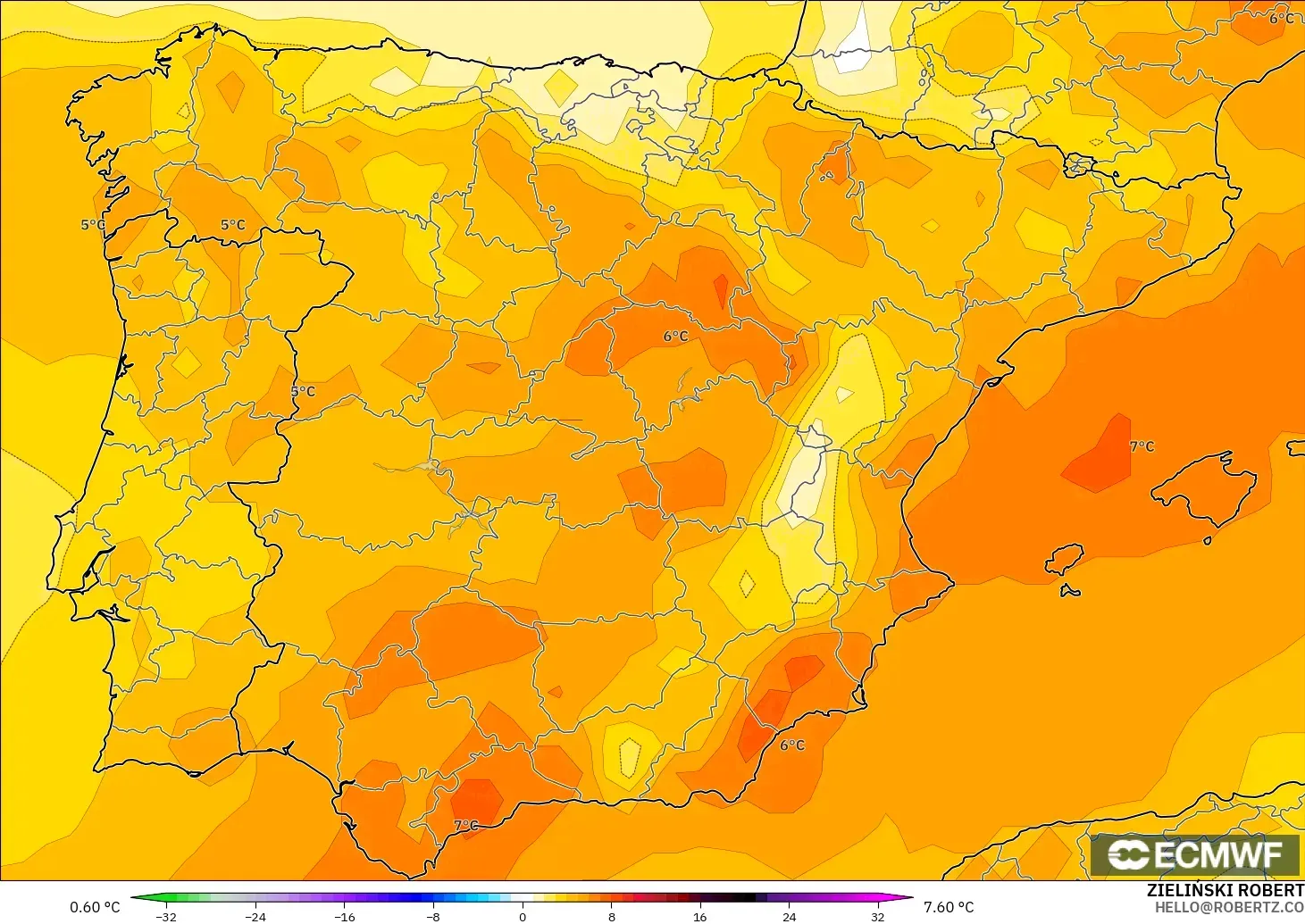 ECMWF IFS 0.25° modelo - España, Anomalía de temperatura a 850 hPa