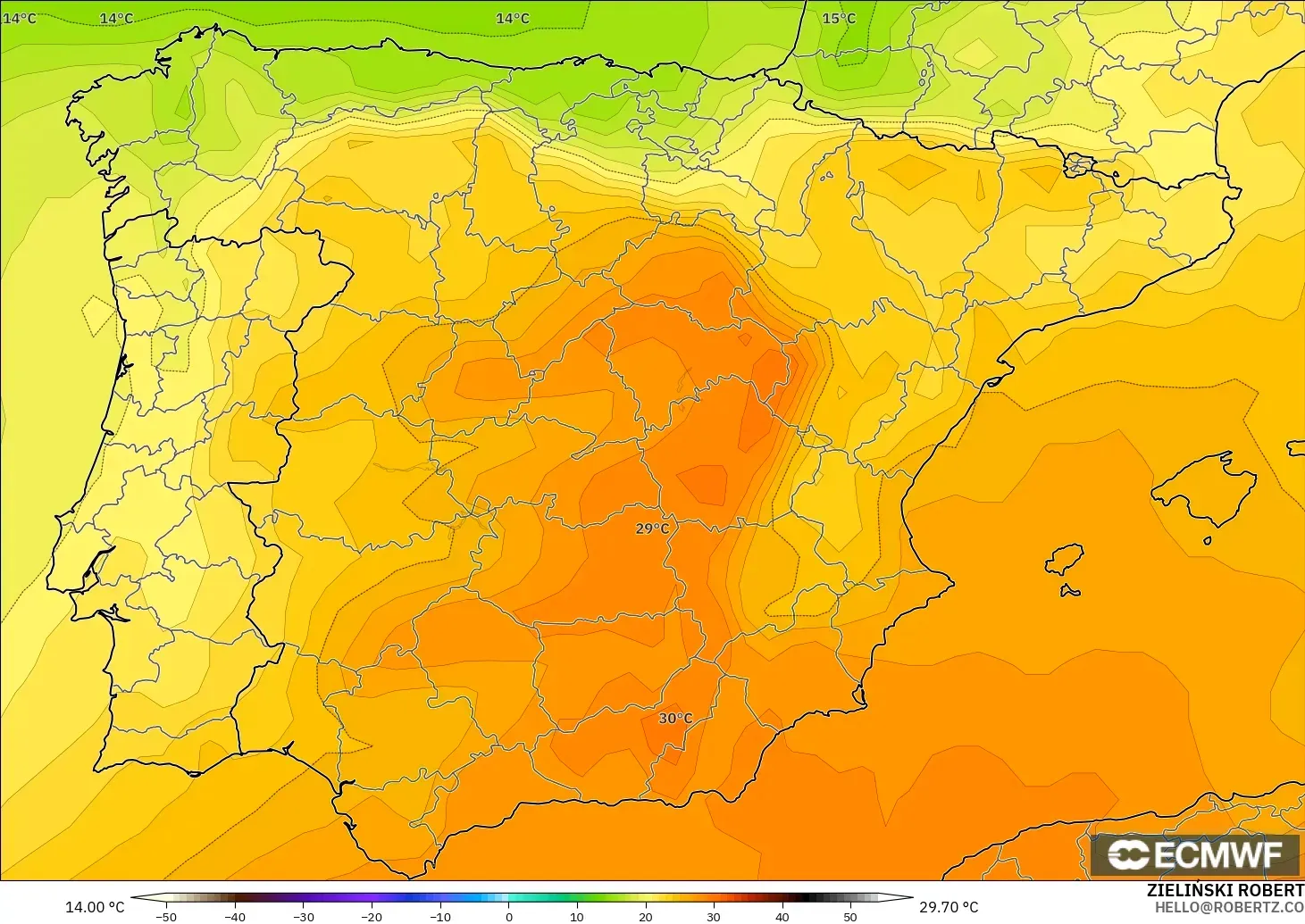 ECMWF IFS 0.25° modelo - España, Temperatura a 850 hPa