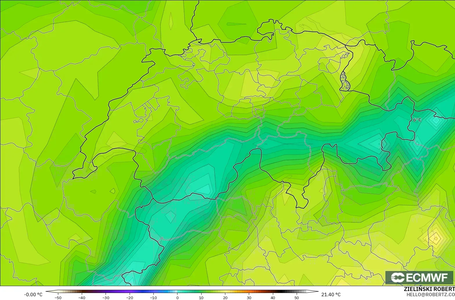 ECMWF IFS 0.25° modelo - Suiza, Punto de rocío a 2 m