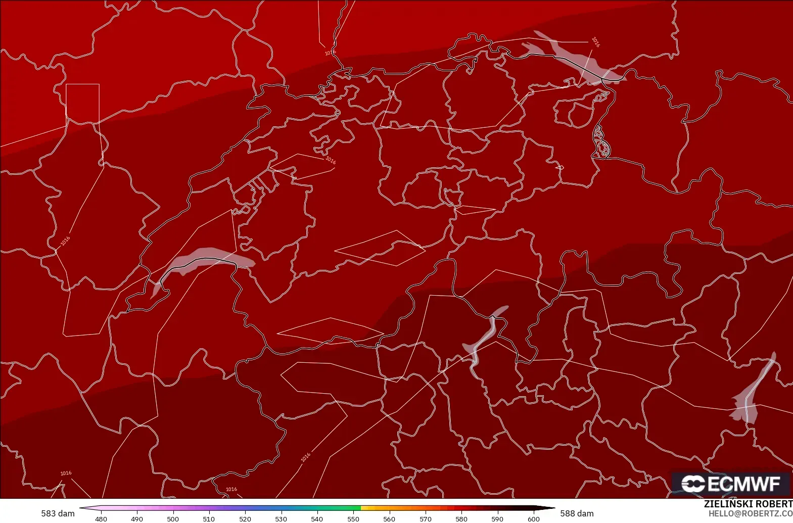 ECMWF IFS 0.25° modelo - Suiza, Altura geopotencial a 500 hPa