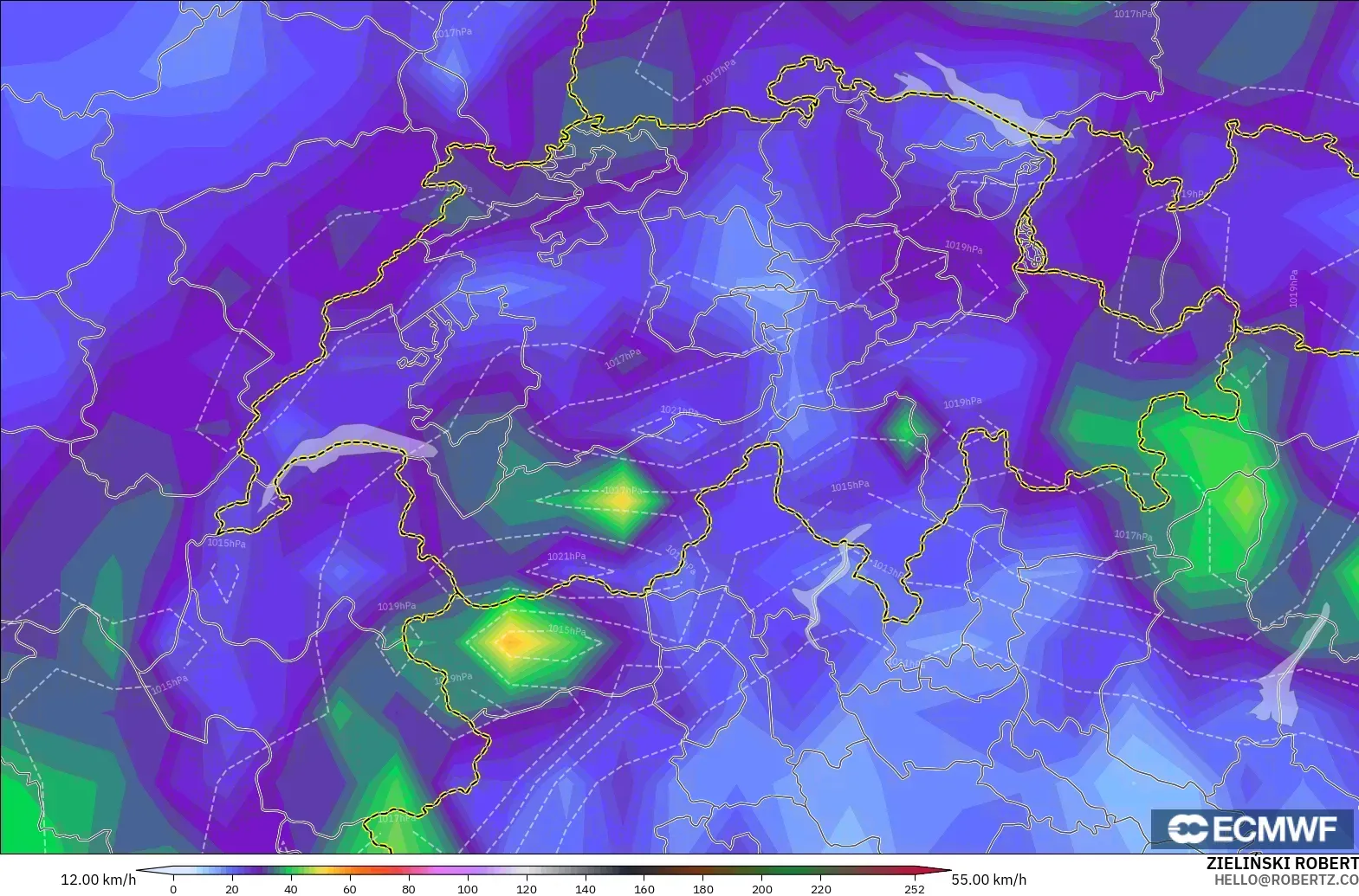 ECMWF IFS 0.25° modelo - Suiza, Ráfagas de viento