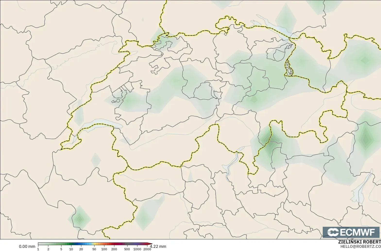 ECMWF IFS 0.25° modelo - Suiza, Acumulación de precipitación