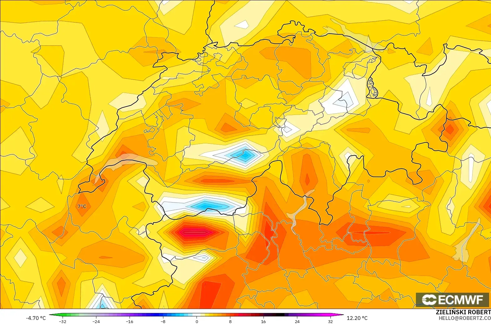 ECMWF IFS 0.25° modelo - Suiza, Anomalía de temperatura a 2 m