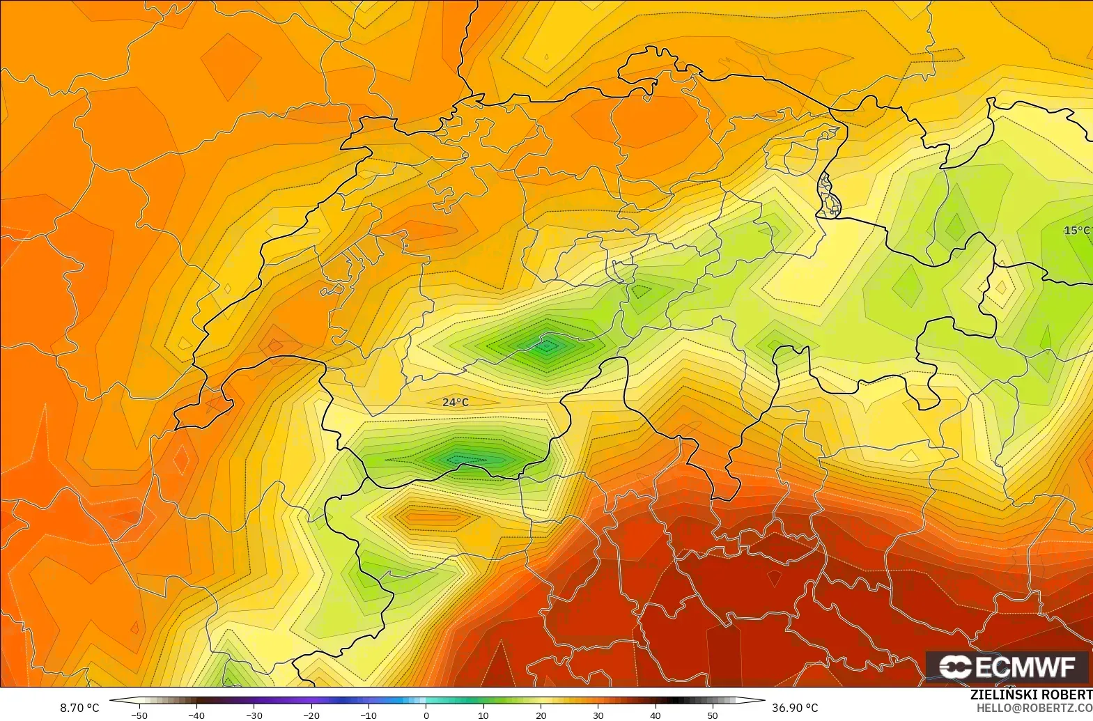 ECMWF IFS 0.25° modelo - Suiza, Temperatura a 2 m
