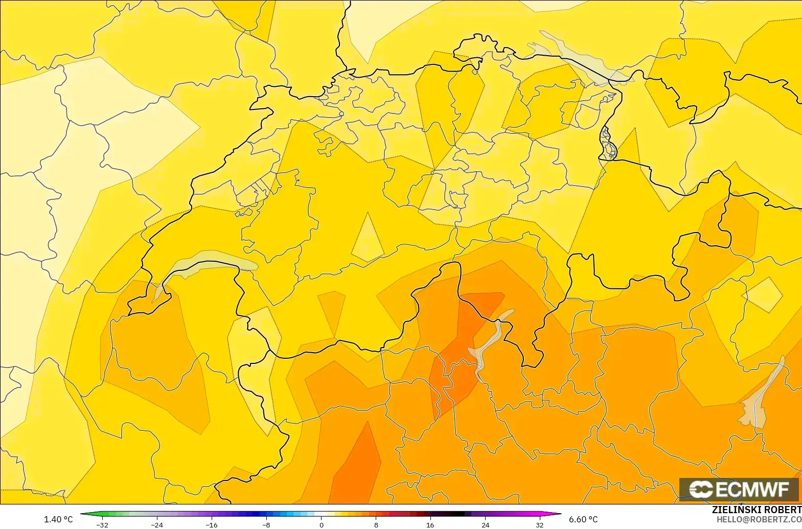 ECMWF IFS 0.25° modelo - Suiza, Anomalía de temperatura a 850 hPa