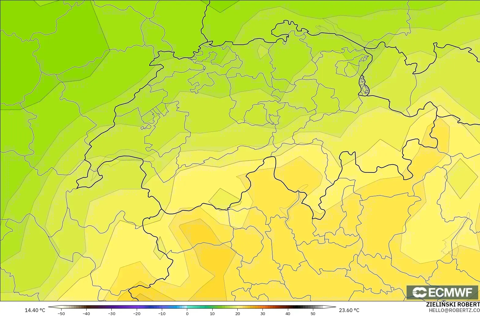 ECMWF IFS 0.25° modelo - Suiza, Temperatura a 850 hPa