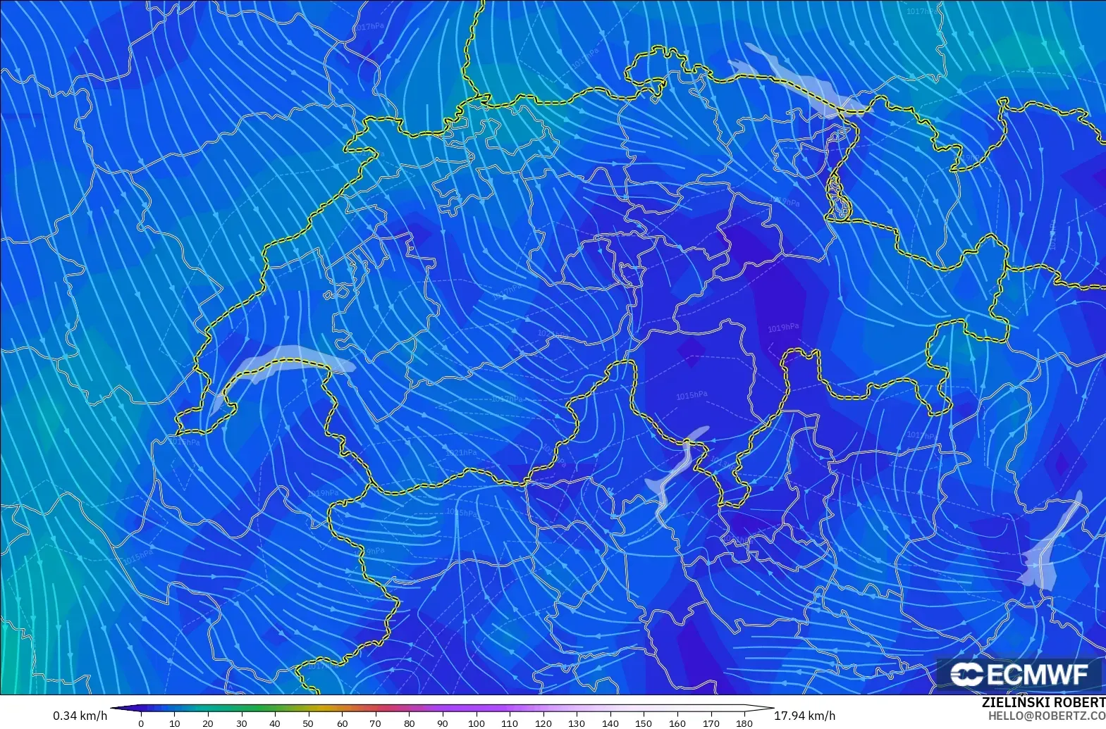 ECMWF IFS 0.25° modelo - Suiza, Viento a 10 m