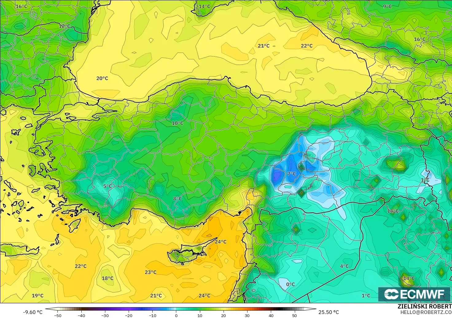 ECMWF IFS 0.25° modelo - Turquía, Punto de rocío a 2 m