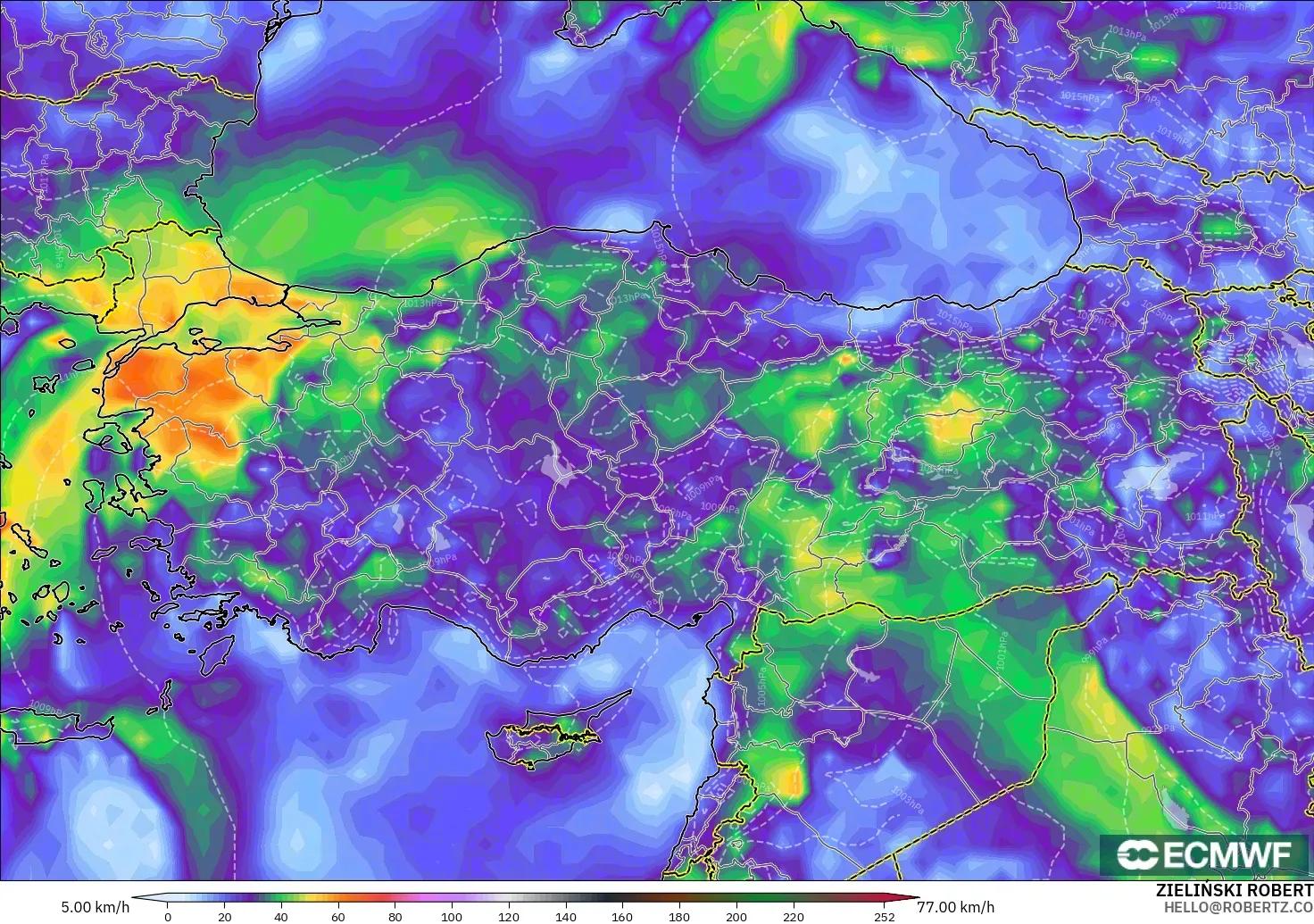 ECMWF IFS 0.25° modelo - Turquía, Ráfagas de viento