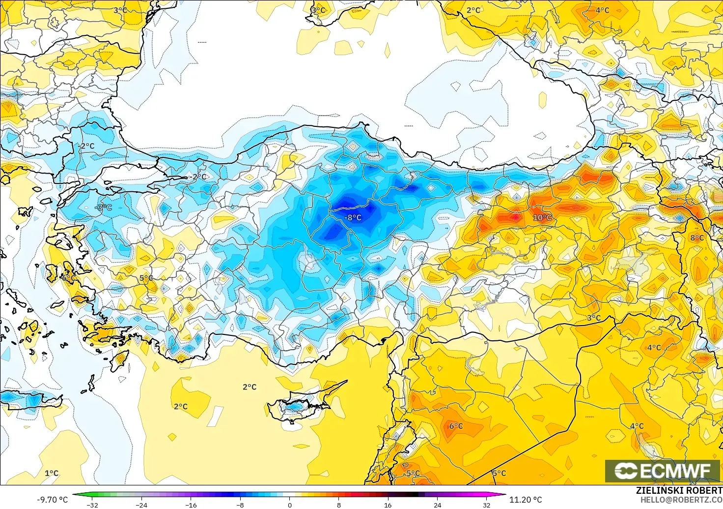 ECMWF IFS 0.25° modelo - Turquía, Anomalía de temperatura a 2 m