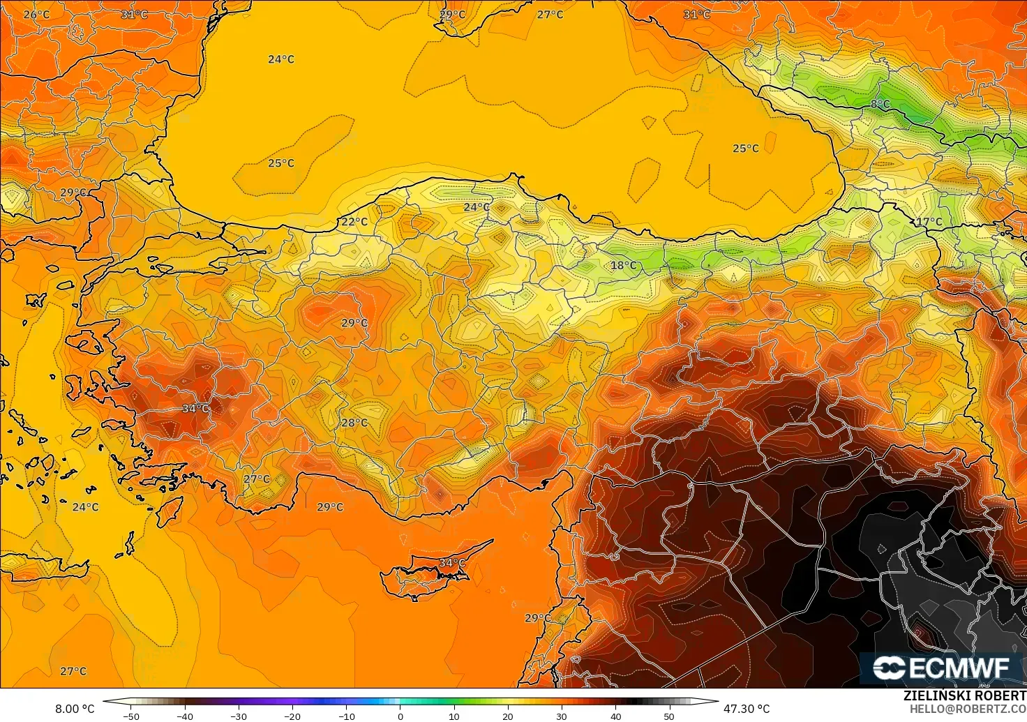 ECMWF IFS 0.25° modelo - Turquía, Temperatura a 2 m