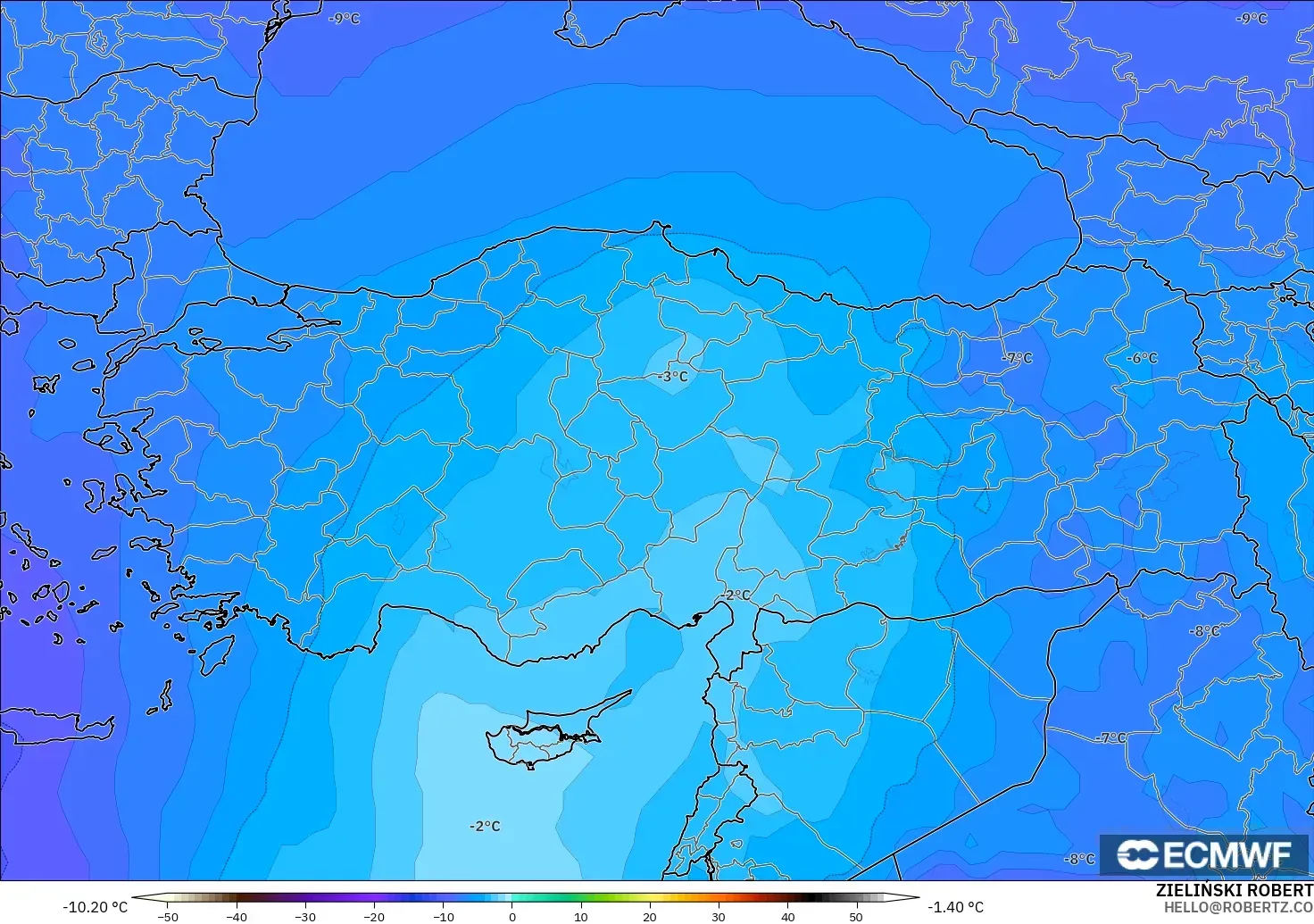 ECMWF IFS 0.25° modelo - Turquía, Temperatura a 500 hPa