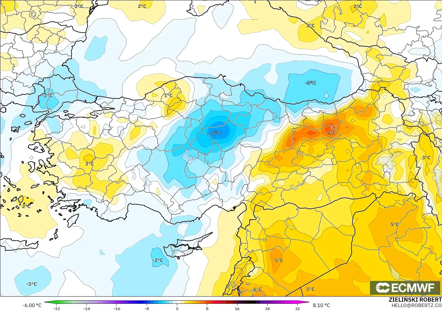ECMWF IFS 0.25° modelo - Turquía, Anomalía de temperatura a 850 hPa