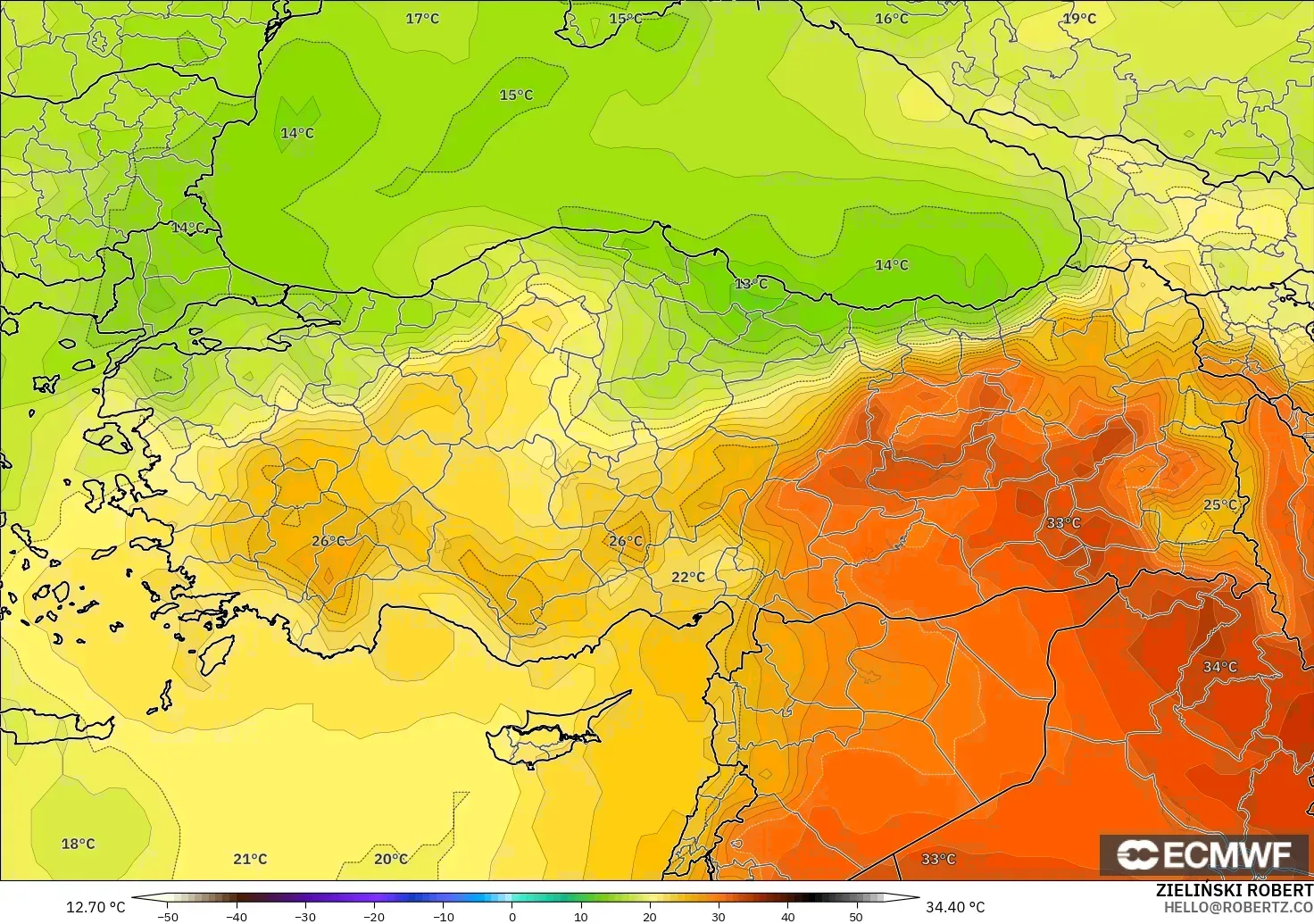 ECMWF IFS 0.25° modelo - Turquía, Temperatura a 850 hPa