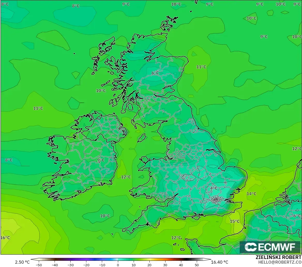 ECMWF IFS 0.25° modelo - Reino Unido, Punto de rocío a 2 m