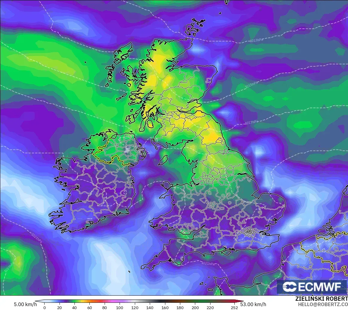 ECMWF IFS 0.25° modelo - Reino Unido, Ráfagas de Viento Máximas