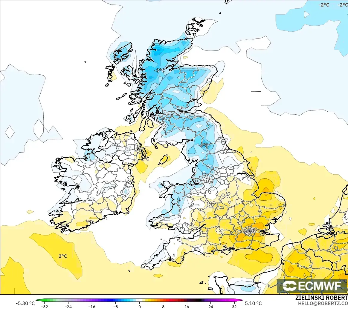 ECMWF IFS 0.25° modelo - Reino Unido, Anomalía de temperatura a 2 m