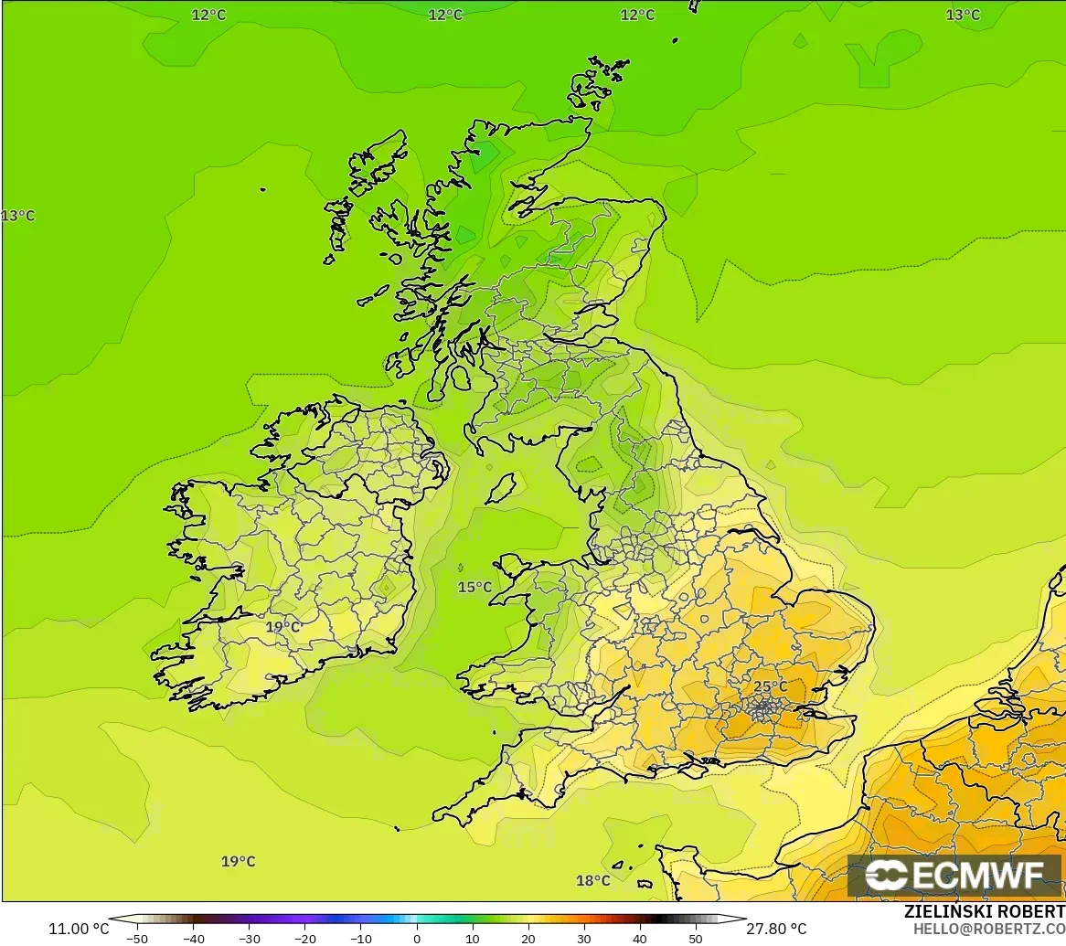 ECMWF IFS 0.25° modelo - Reino Unido, Temperatura a 2 m