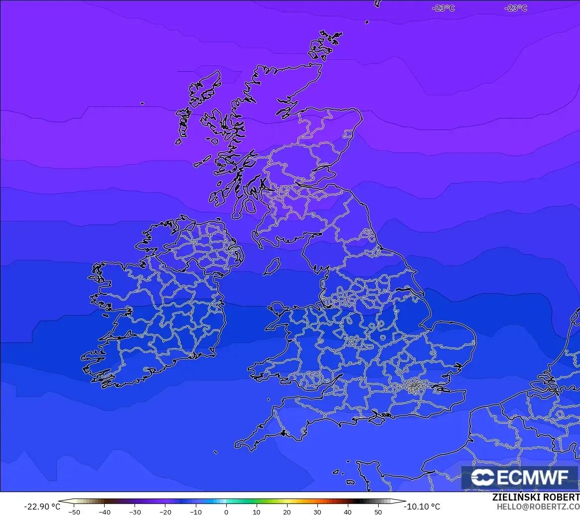 ECMWF IFS 0.25° modelo - Reino Unido, Temperatura a 500 hPa