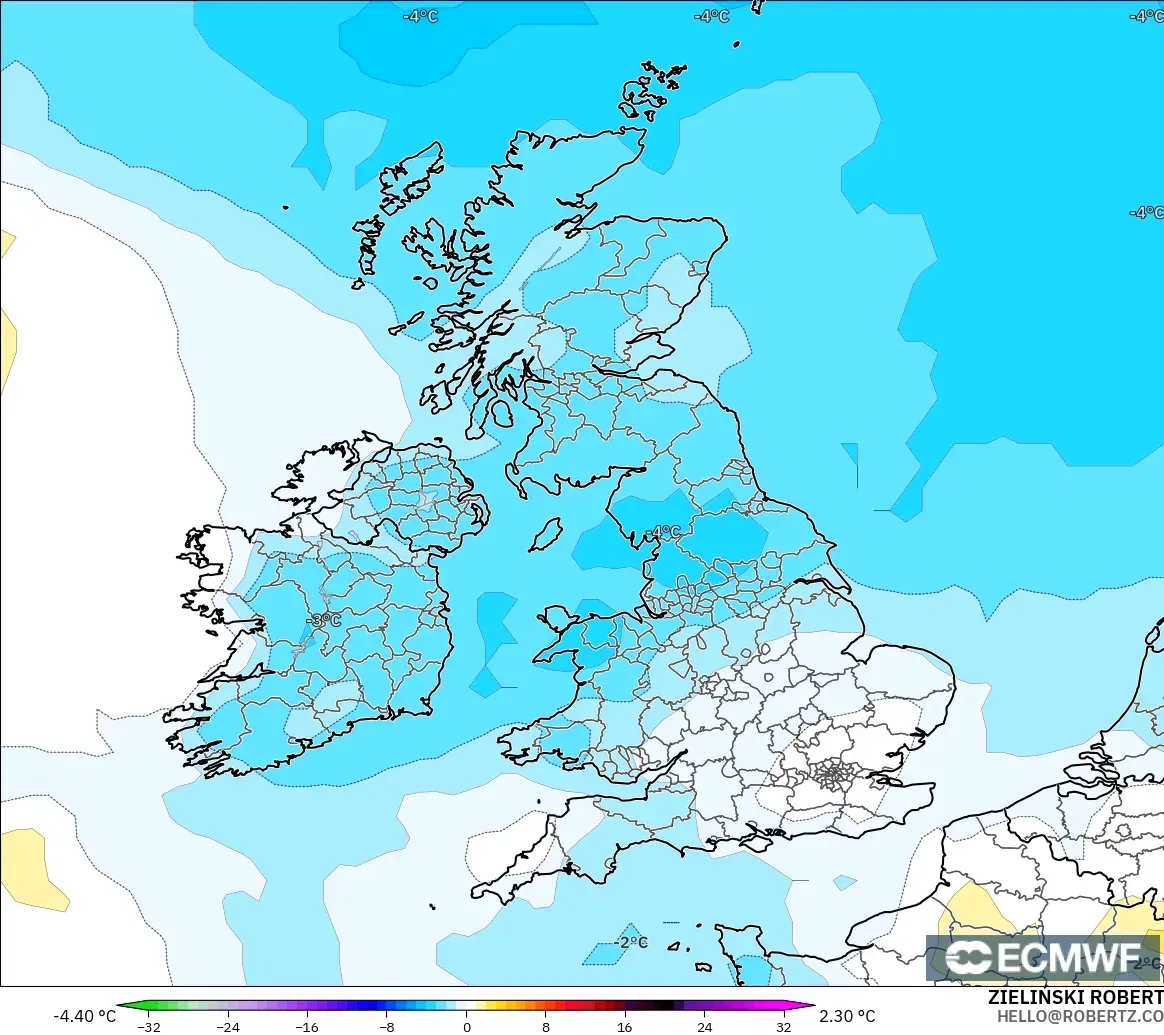 ECMWF IFS 0.25° modelo - Reino Unido, Anomalía de temperatura a 850 hPa