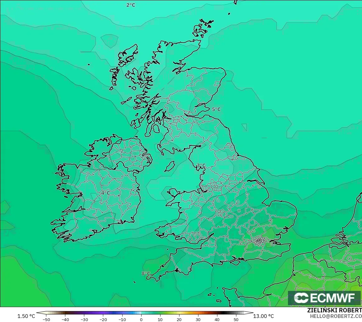 ECMWF IFS 0.25° modelo - Reino Unido, Temperatura a 850 hPa