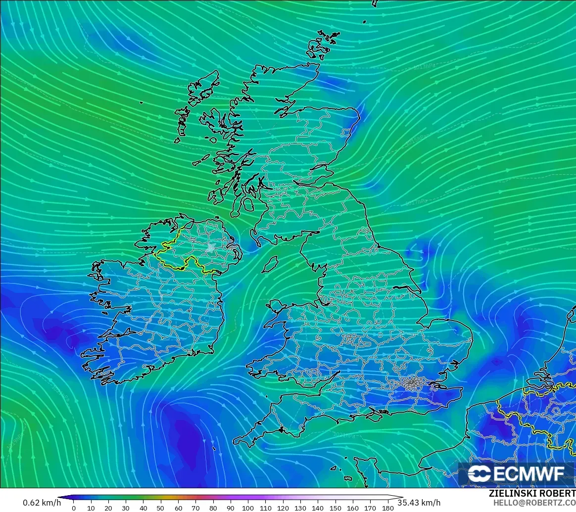 ECMWF IFS 0.25° modelo - Reino Unido, Viento a 10 m