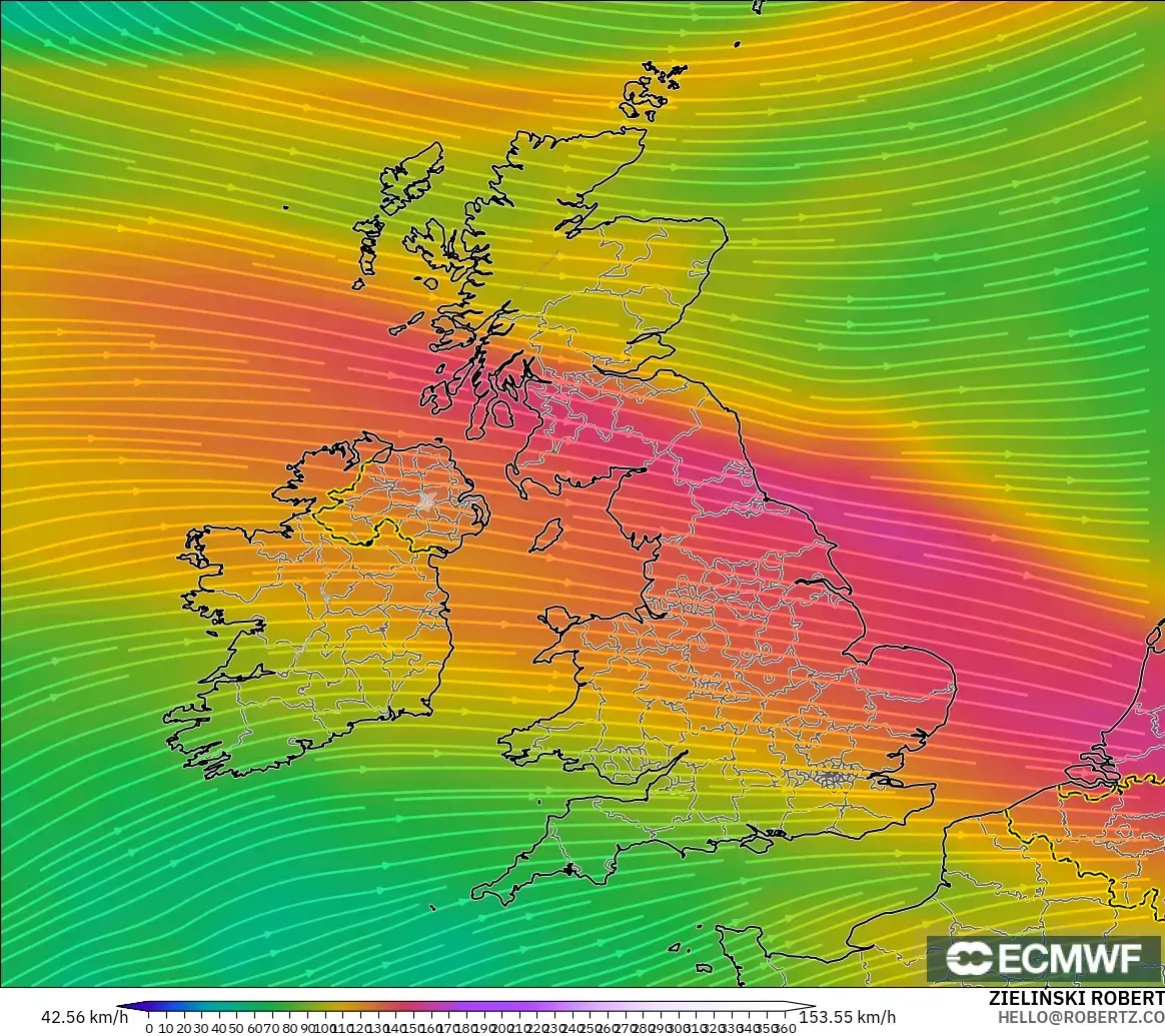 ECMWF IFS 0.25° modelo - Reino Unido, Viento a 300 hPa (corriente en chorro)