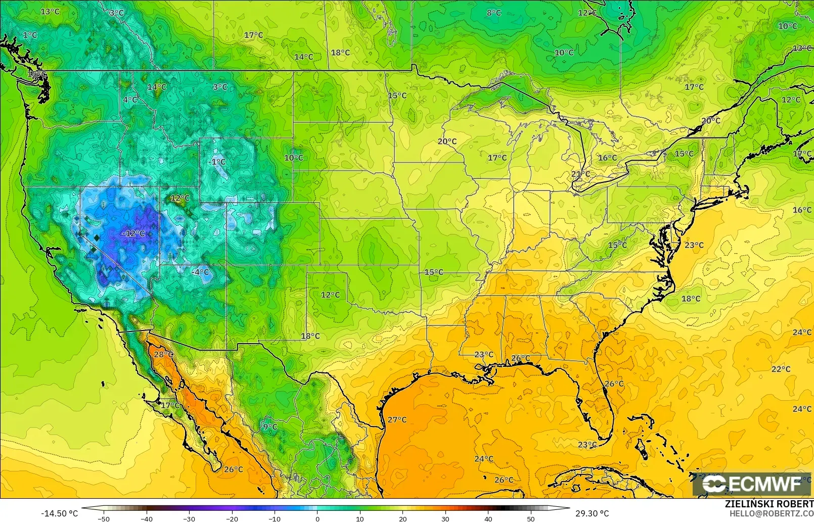 ECMWF IFS 0.25° modelo - Estados Unidos, Punto de rocío a 2 m