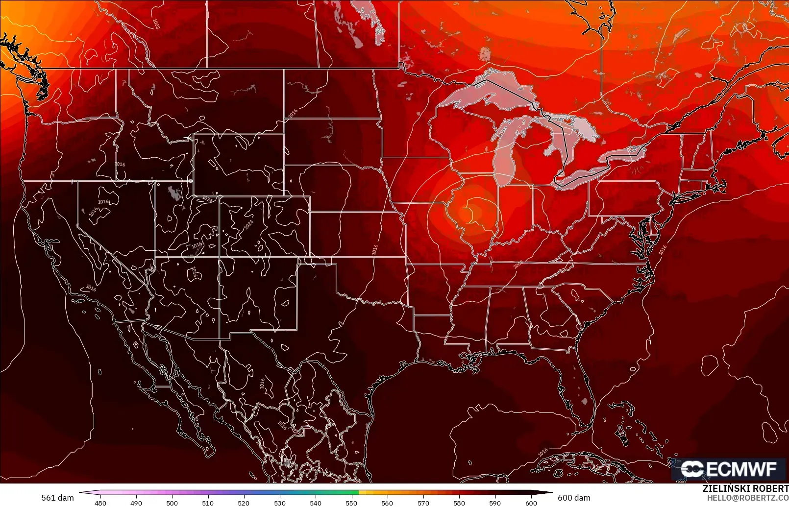 ECMWF IFS 0.25° modelo - Estados Unidos, Altura geopotencial a 500 hPa