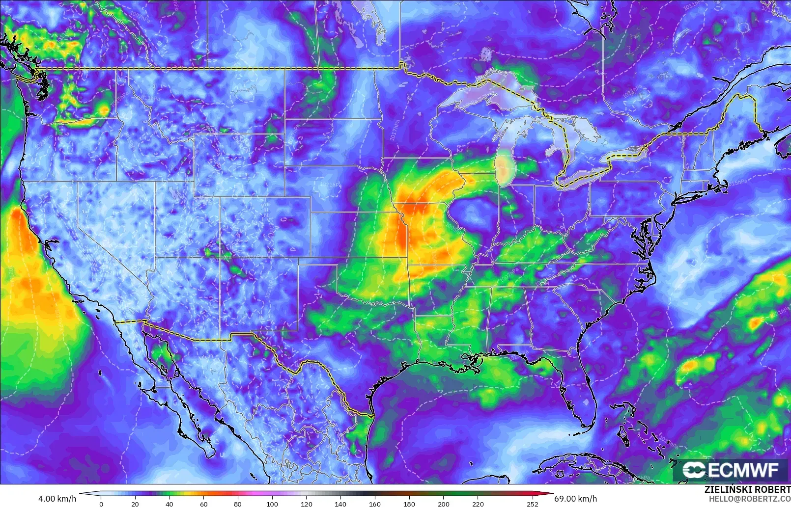 ECMWF IFS 0.25° modelo - Estados Unidos, Ráfagas de Viento Máximas