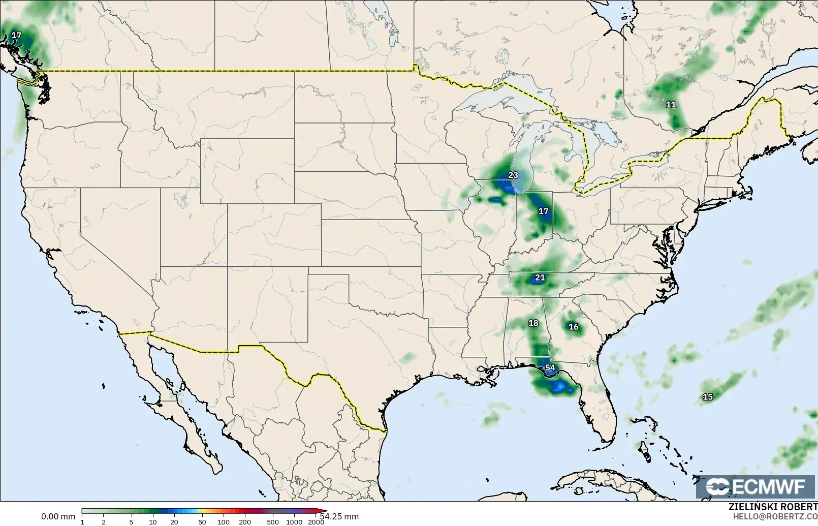 ECMWF IFS 0.25° modelo - Estados Unidos, Acumulación de precipitación
