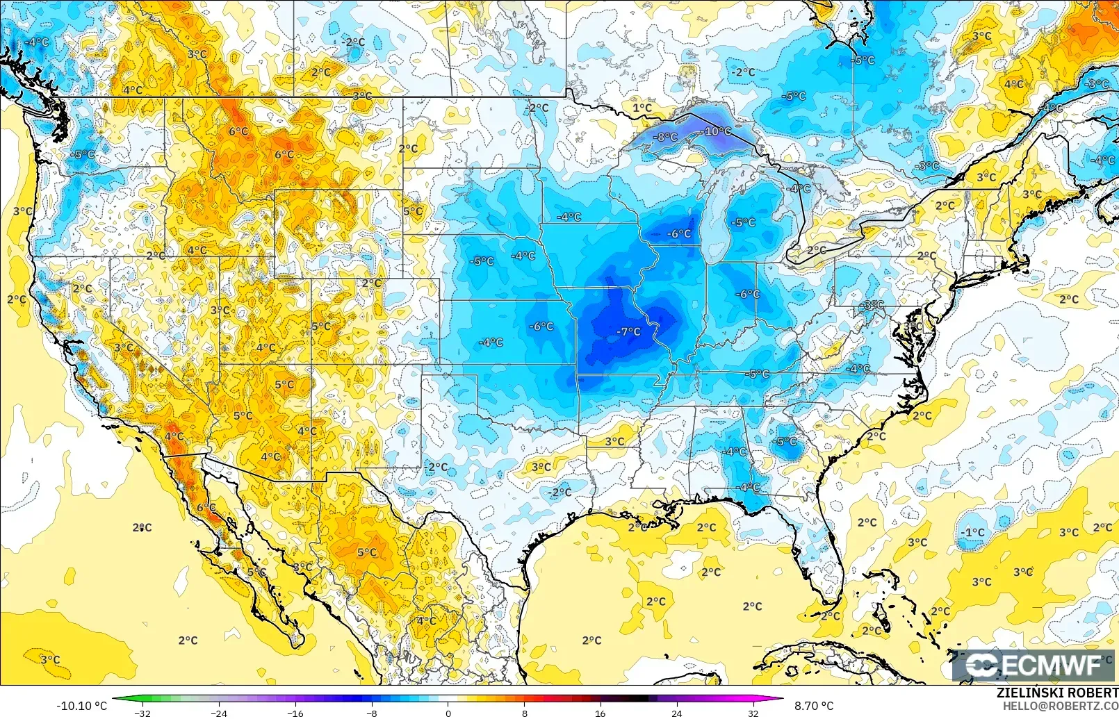 ECMWF IFS 0.25° modelo - Estados Unidos, Anomalía de temperatura a 2 m
