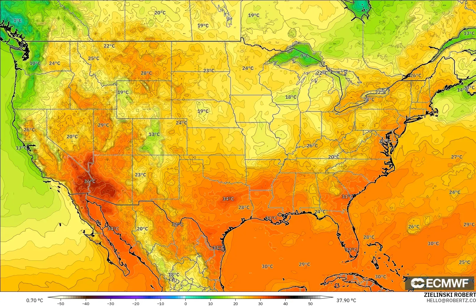 ECMWF IFS 0.25° modelo - Estados Unidos, Temperatura a 2 m