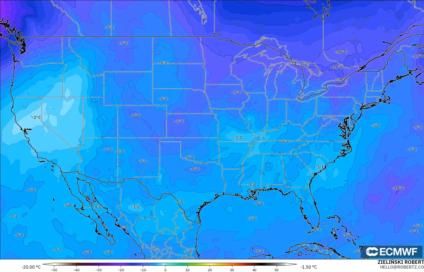 ECMWF IFS 0.25° modelo - Estados Unidos, Temperatura a 500 hPa