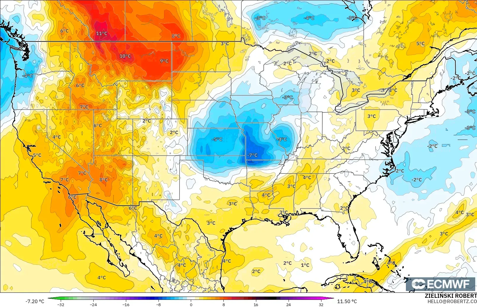 ECMWF IFS 0.25° modelo - Estados Unidos, Anomalía de temperatura a 850 hPa