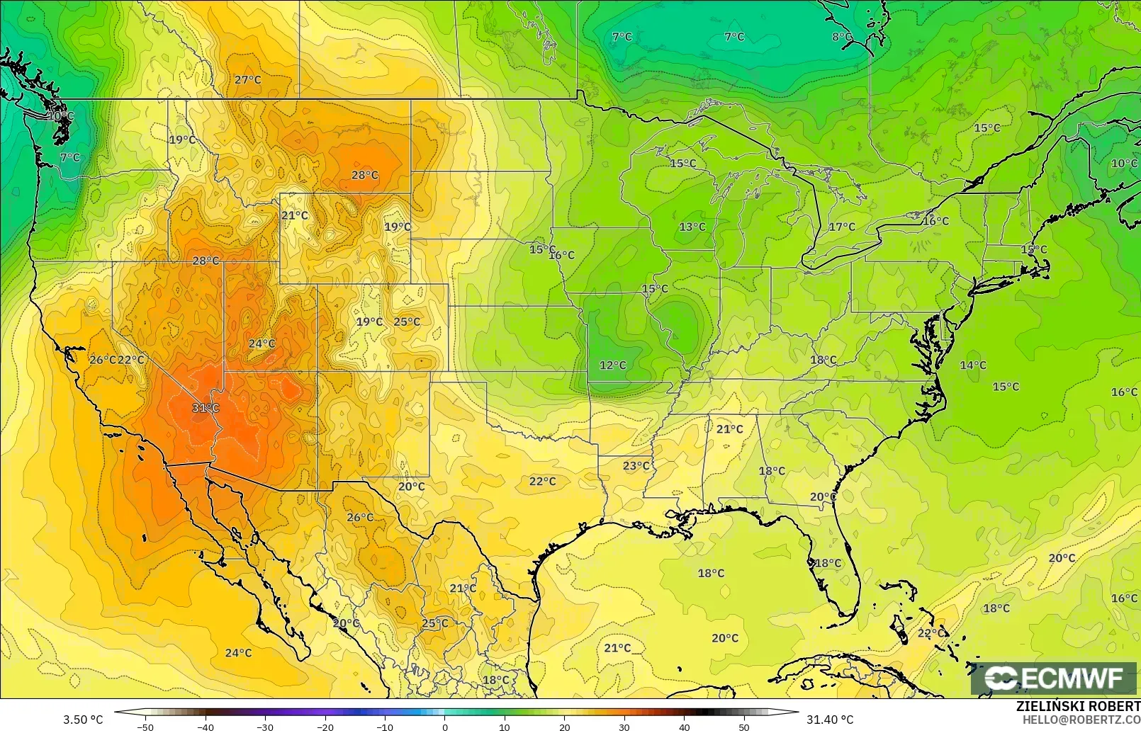ECMWF IFS 0.25° modelo - Estados Unidos, Temperatura a 850 hPa