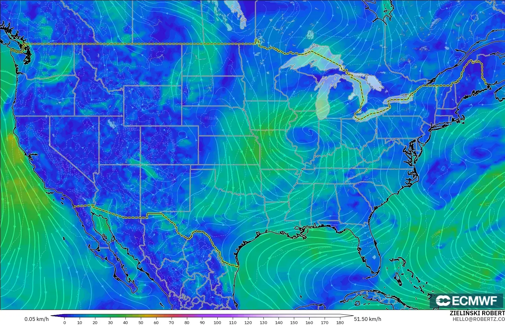 ECMWF IFS 0.25° modelo - Estados Unidos, Viento a 10 m