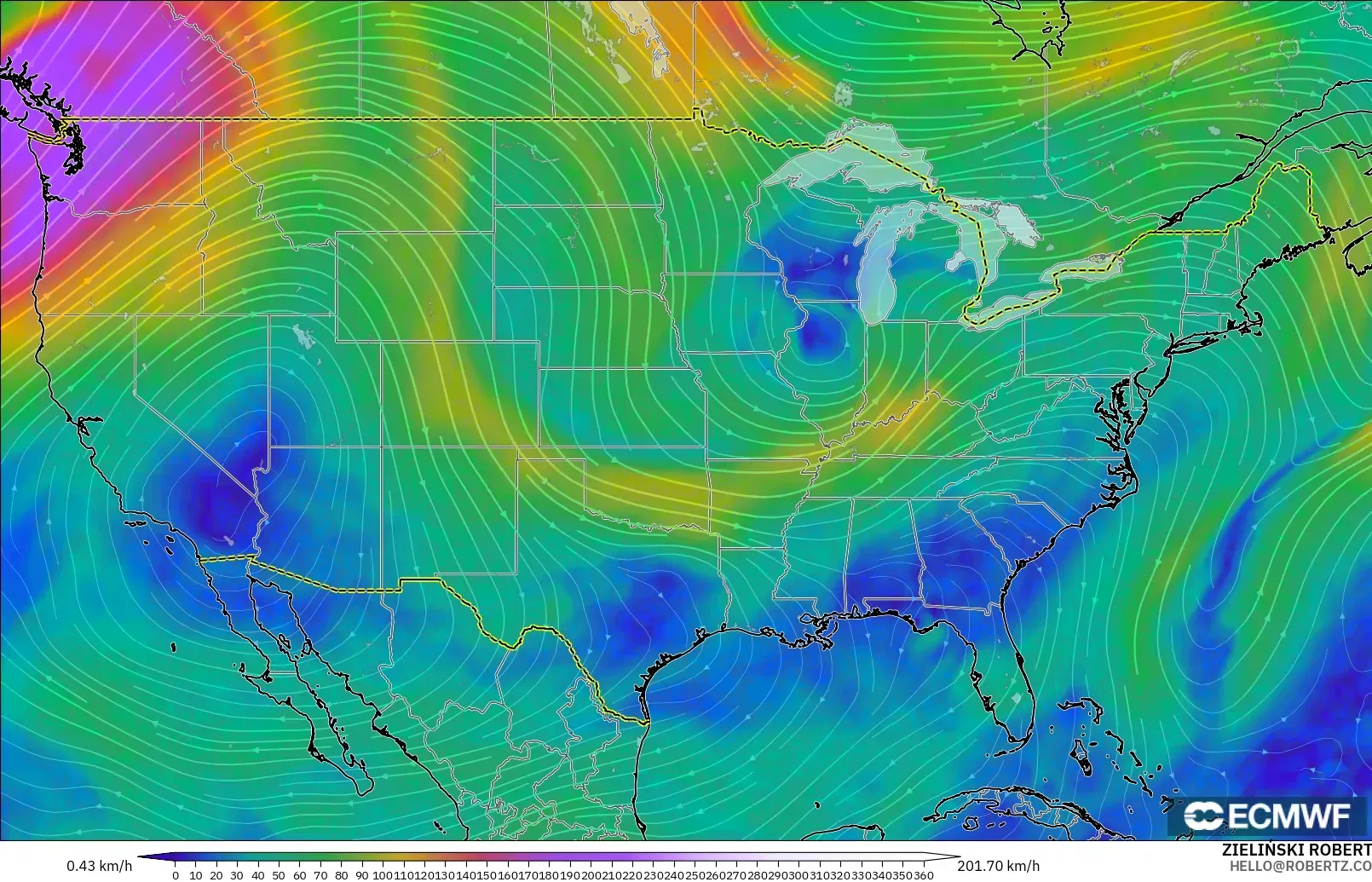 ECMWF IFS 0.25° modelo - Estados Unidos, Viento a 300 hPa (corriente en chorro)
