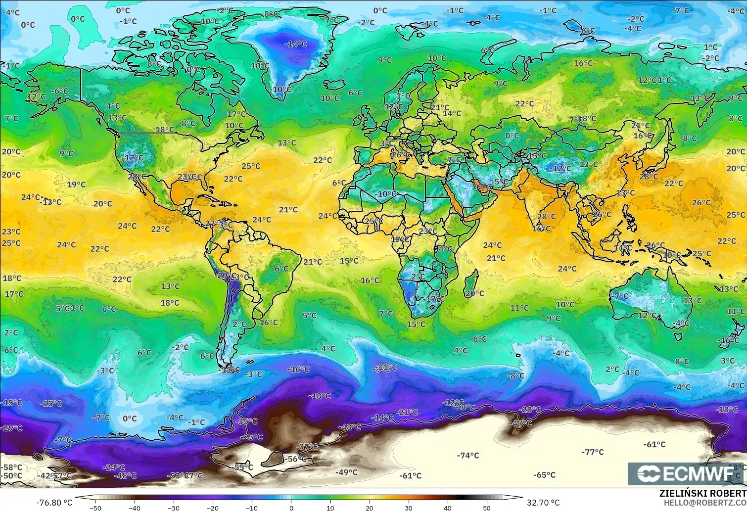 ECMWF IFS 0.25° modelo - Mundo, Punto de rocío a 2 m