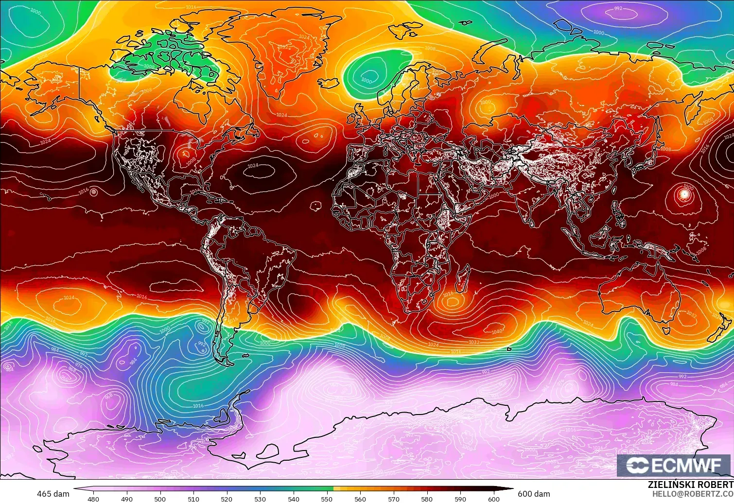 ECMWF IFS 0.25° modelo - Mundo, Altura geopotencial a 500 hPa
