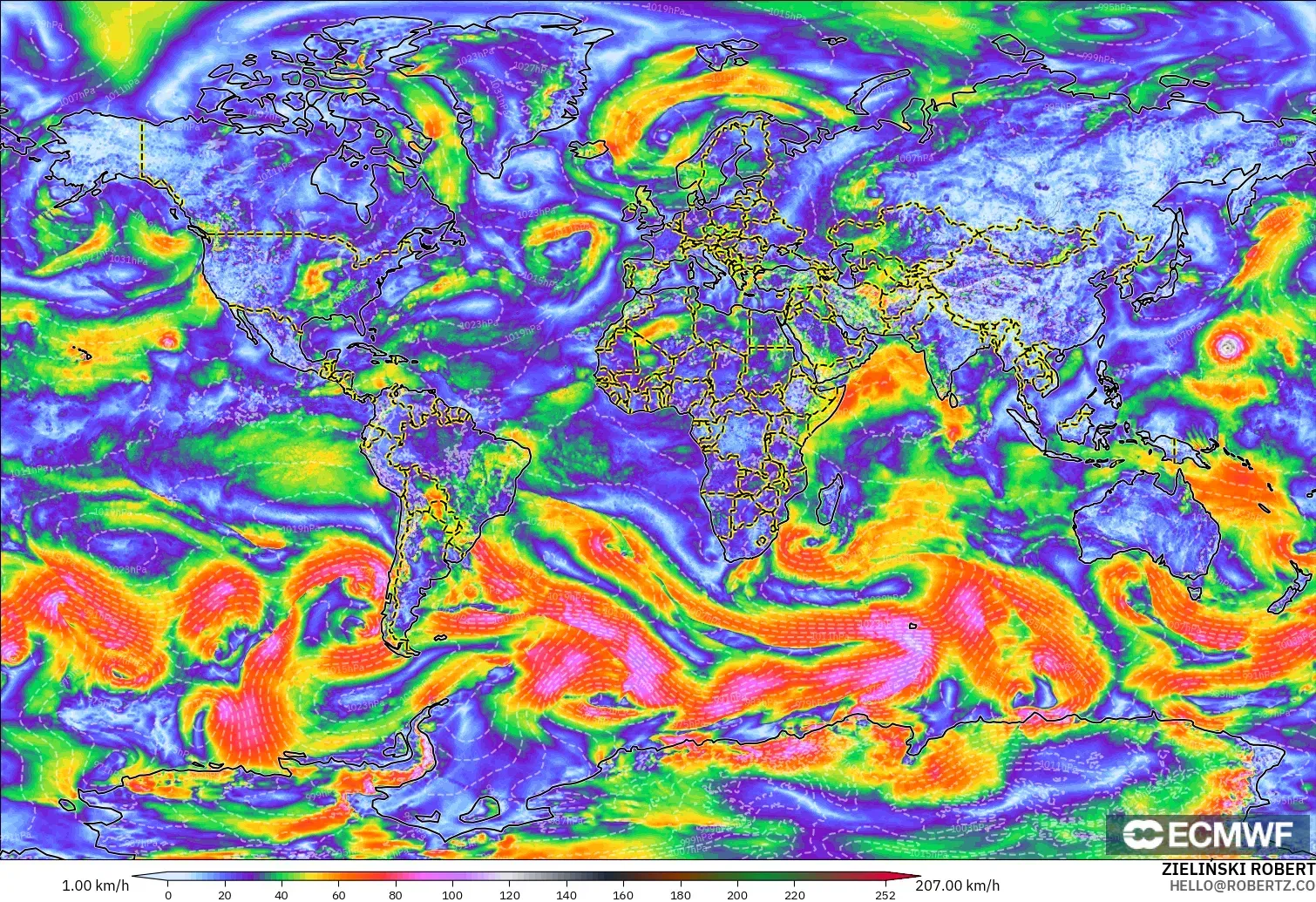 ECMWF IFS 0.25° modelo - Mundo, Ráfagas de viento
