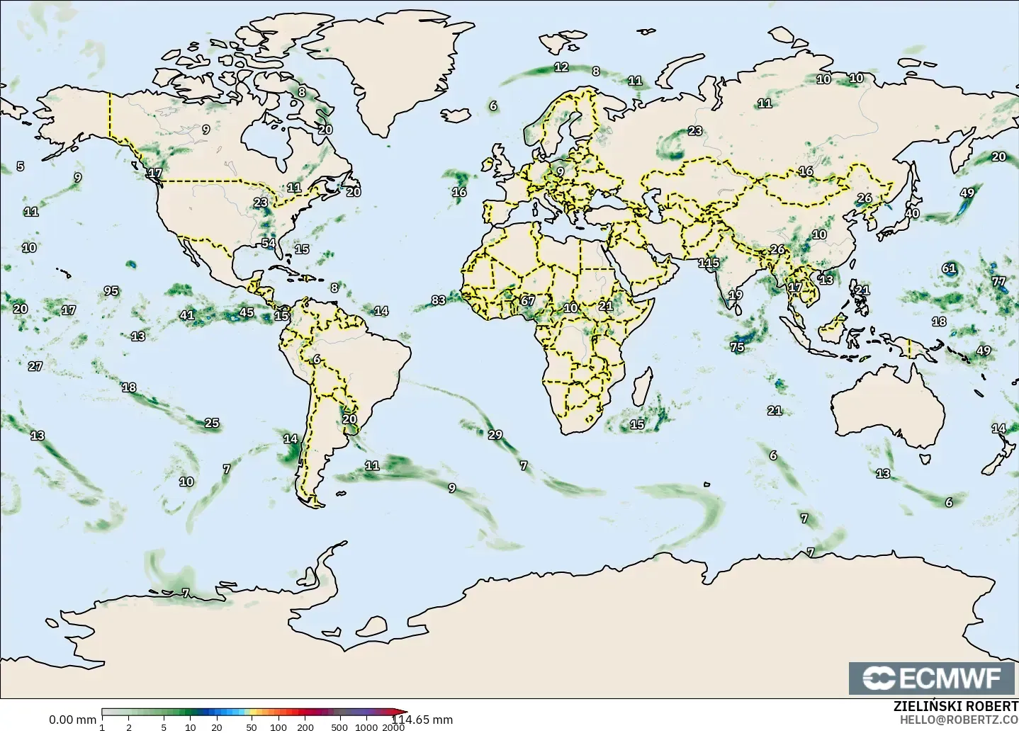 ECMWF IFS 0.25° modelo - Mundo, Acumulación de precipitación