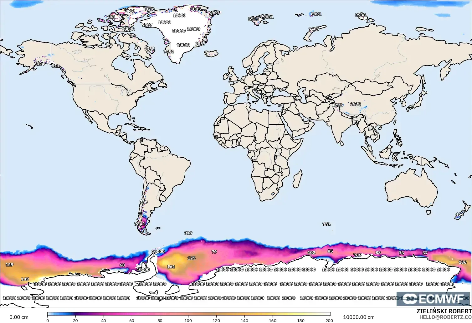 ECMWF IFS 0.25° modelo - Mundo, Profundidad de nieve