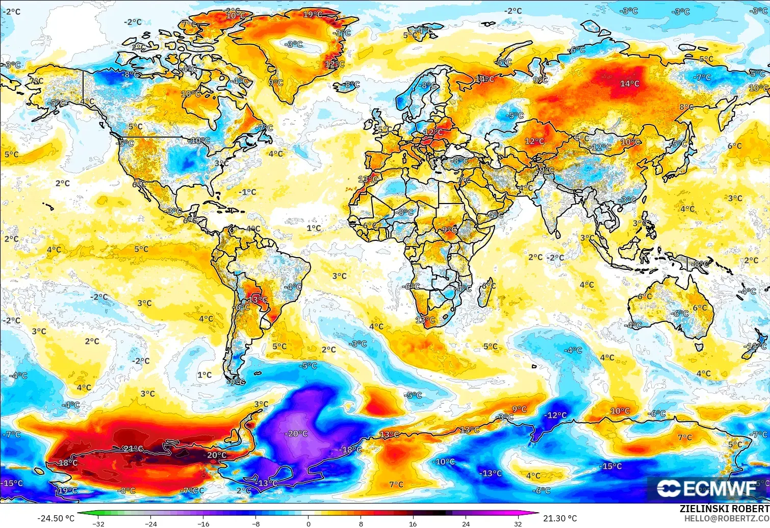 ECMWF IFS 0.25° modelo - Mundo, Anomalía de temperatura a 2 m