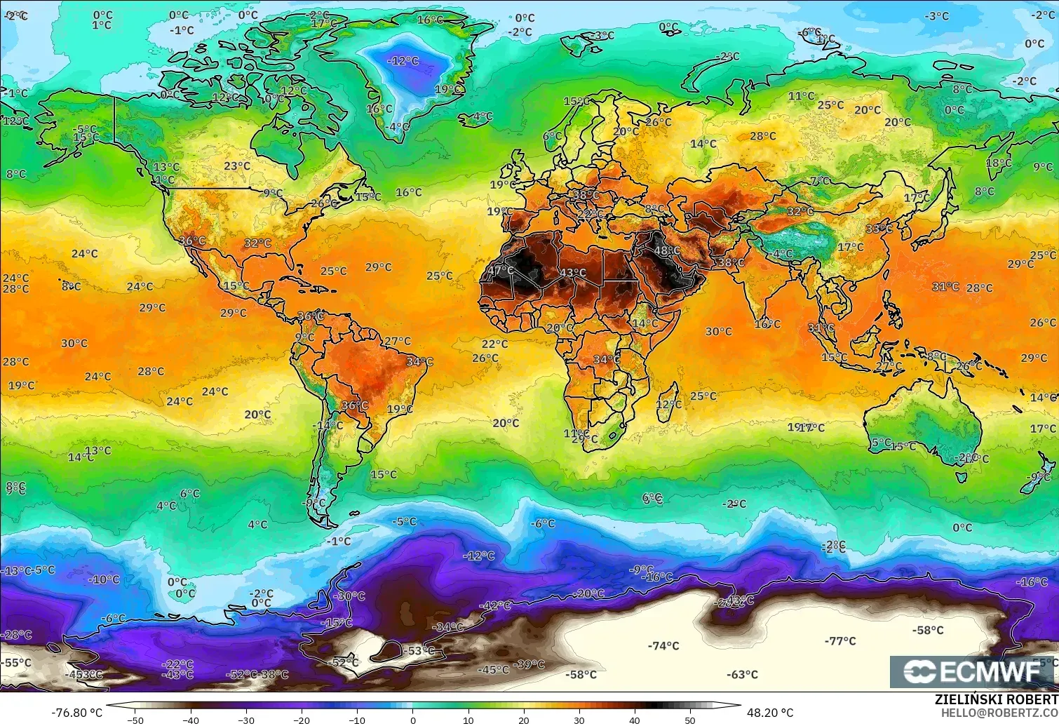 ECMWF IFS 0.25° modelo - Mundo, Temperatura a 2 m